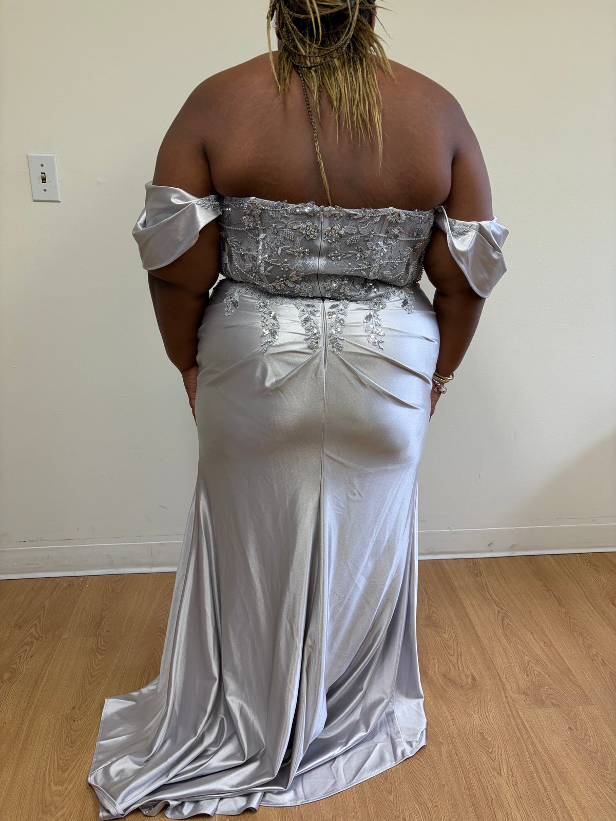 Off Shoulder Satin Mermaid Gown with Beaded Lace Appliqué & High Slit by May Queen MQ2181