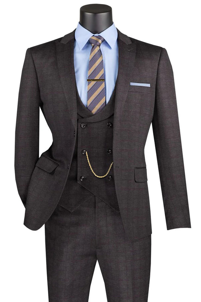 Mens Two Button Vintage Style Slim Fit Vested Plaid Black Suit