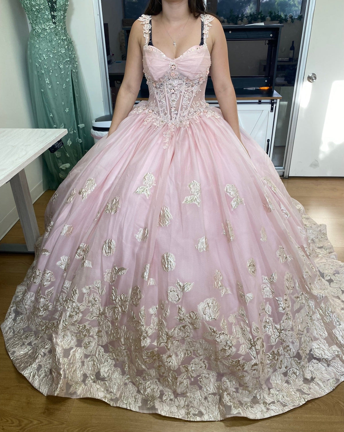 Layla K LK256 Sheer Bodice Floral Sleeveless Blush Quinceanera Gown