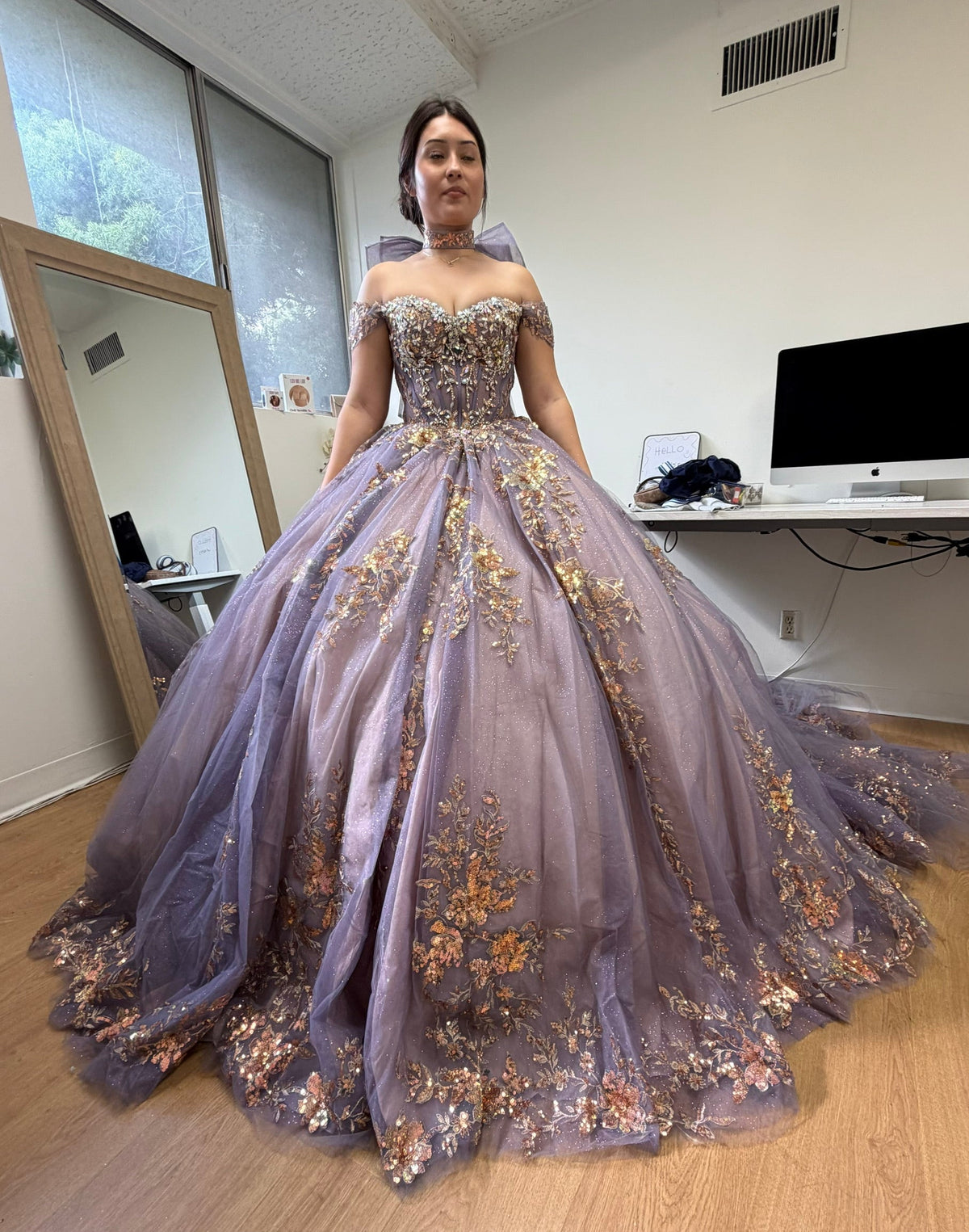Quinceañera Ball Gown Off Shoulder Glitter Tulle Dress with 3D Floral Appliqués Long Train by Layla K LK292