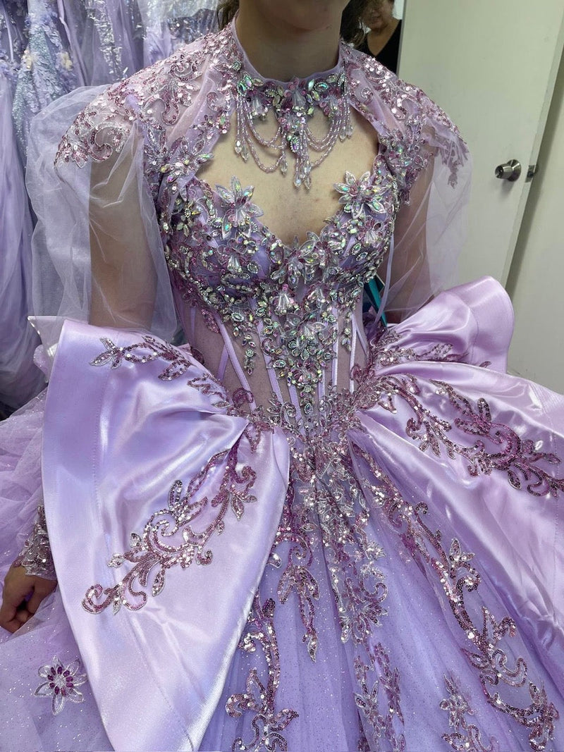 Sweetheart Long Sheer Puff Sleeve Beaded Corset Tiered Ruffle Ball Gown by Layla K LK299