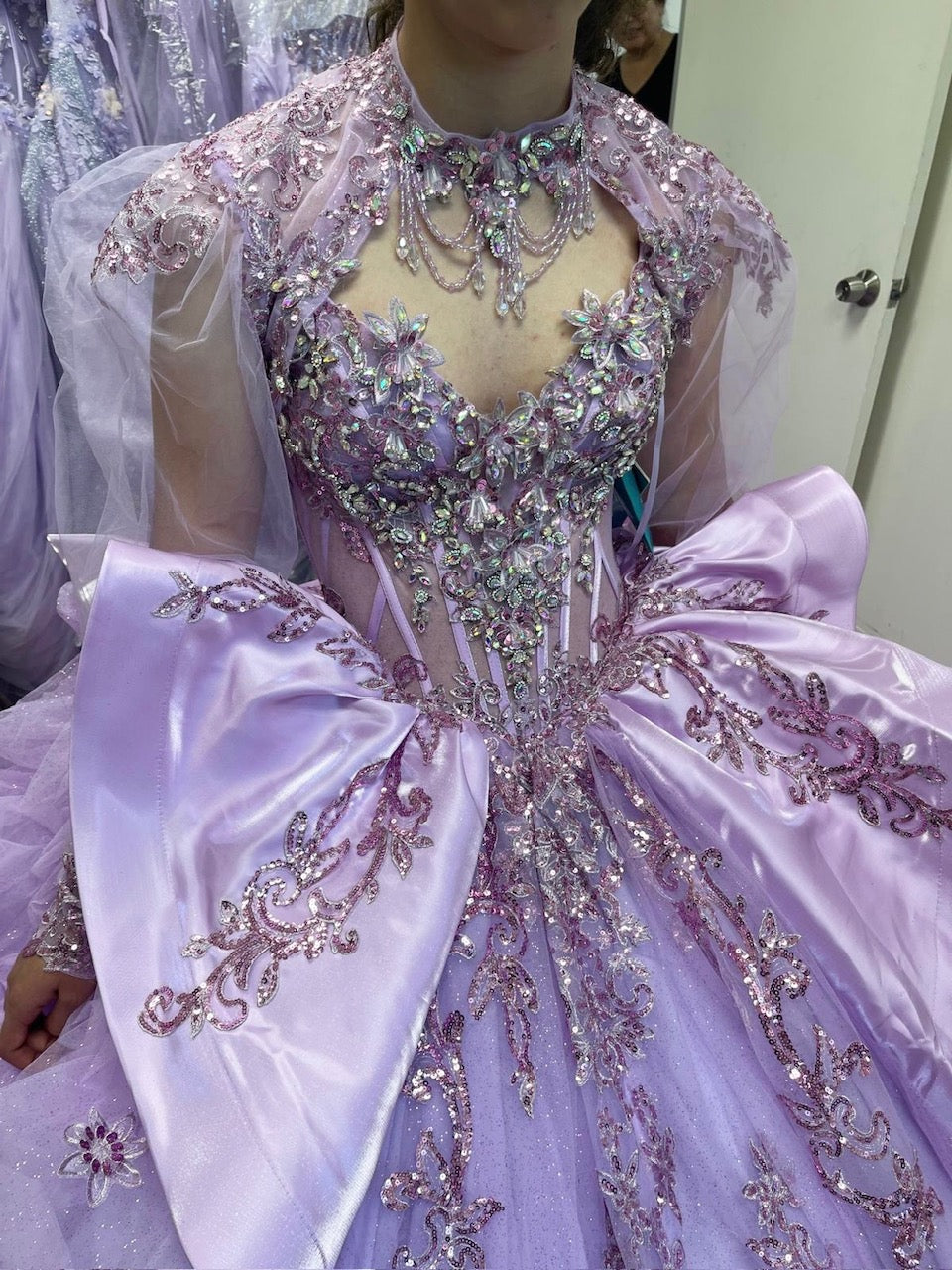 Sweetheart Long Sheer Puff Sleeve Beaded Corset Tiered Ruffle Ball Gown by Layla K LK299