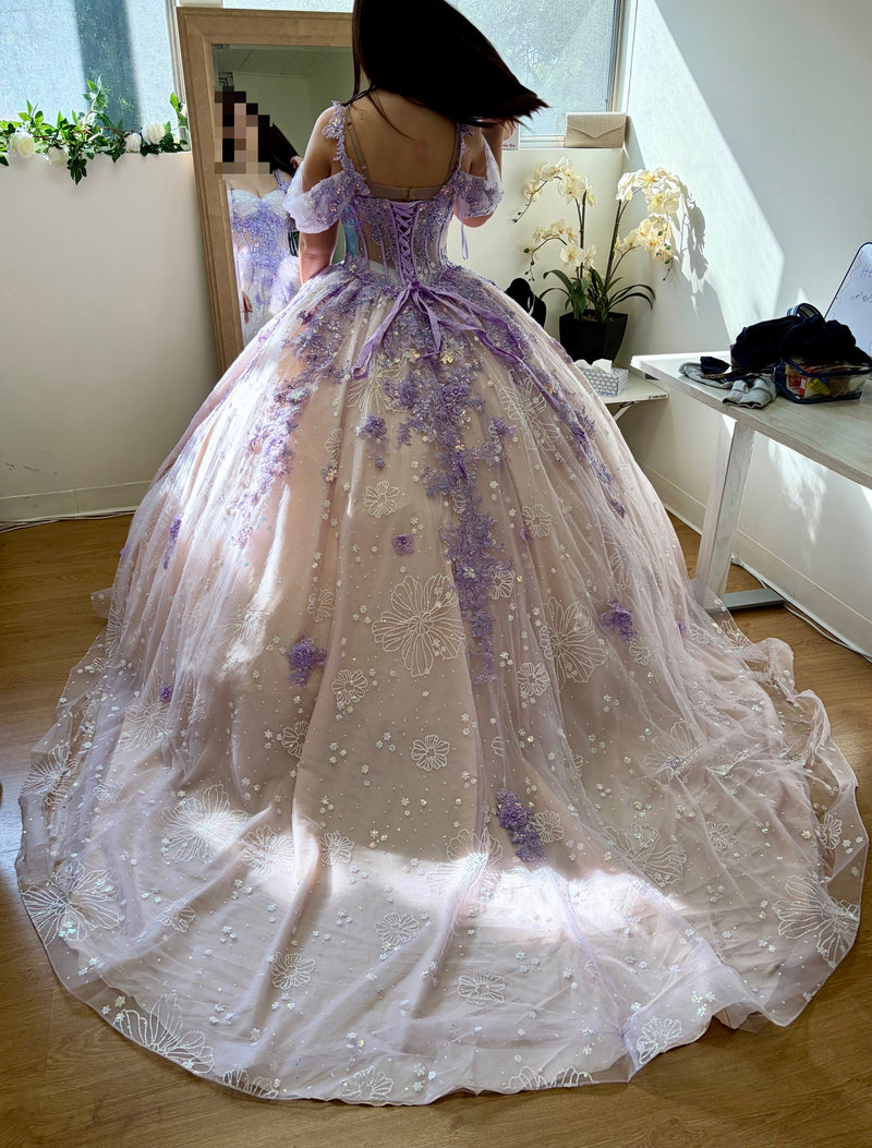 Layla K LK257 Sheer Corset Bodice Lilac/Blush Embellished Quince Gown