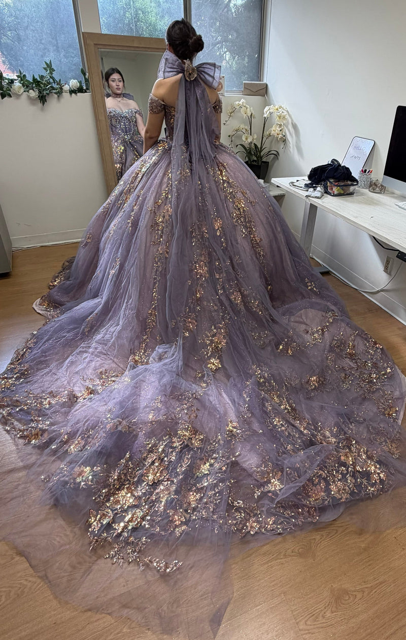 Quinceañera Ball Gown Off Shoulder Glitter Tulle Dress with 3D Floral Appliqués Long Train by Layla K LK292