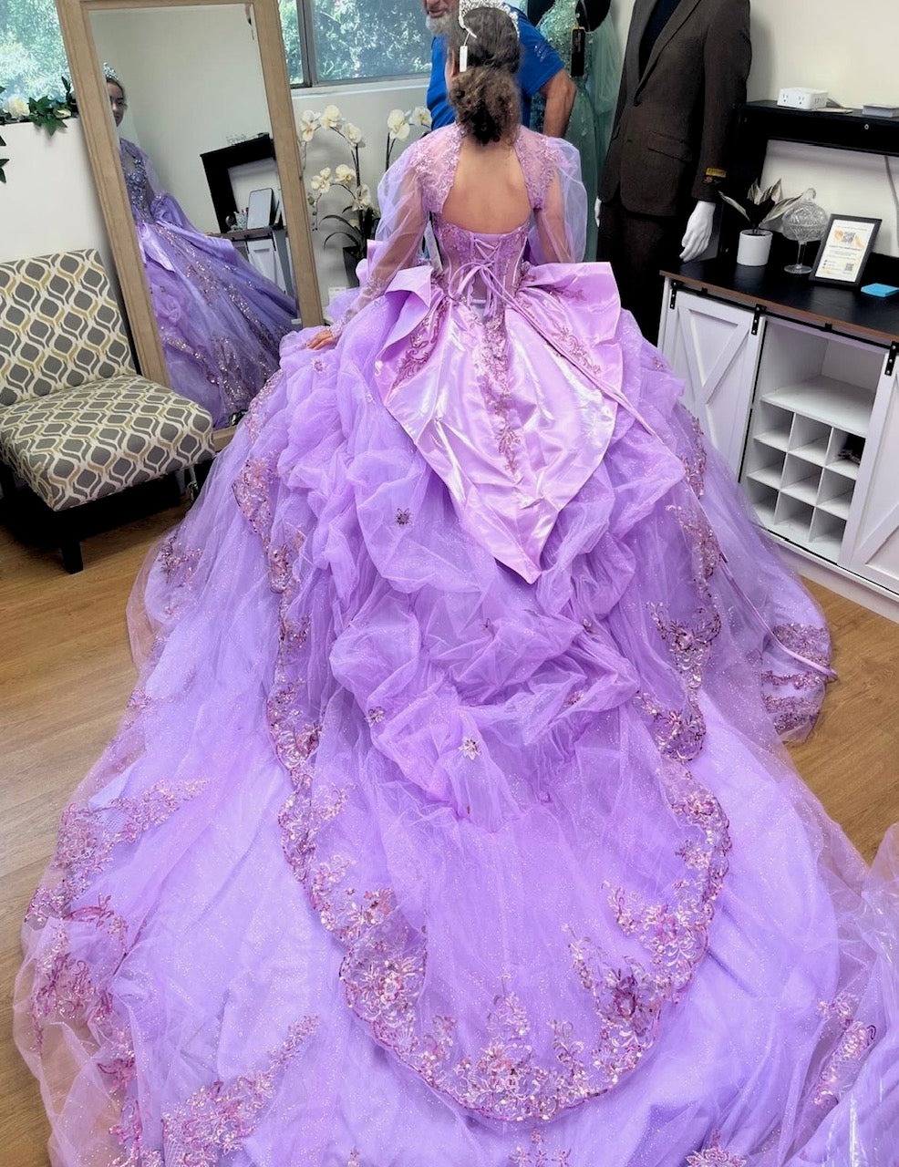 Sweetheart Long Sheer Puff Sleeve Beaded Corset Tiered Ruffle Ball Gown by Layla K LK299
