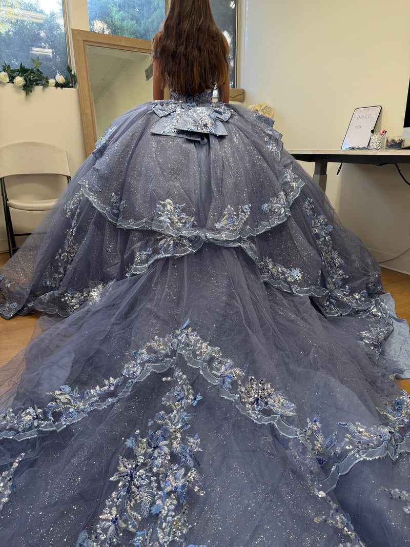 Luxurious Off The Shoulder Quinceañera Ball Gown with 3D Floral Appliqués Glitter Tulle Skirt by Layla K LK286