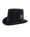 Black wool pilgrim top hat. Fully lined, flat top, curved brim. Satin band with feather. 100% wool.
