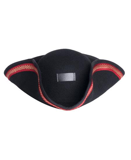 Classic men's dress hat. 5" crown, 100% wool, black body, red embroidered trim. Structured, rounded shape with folded sidebrims.