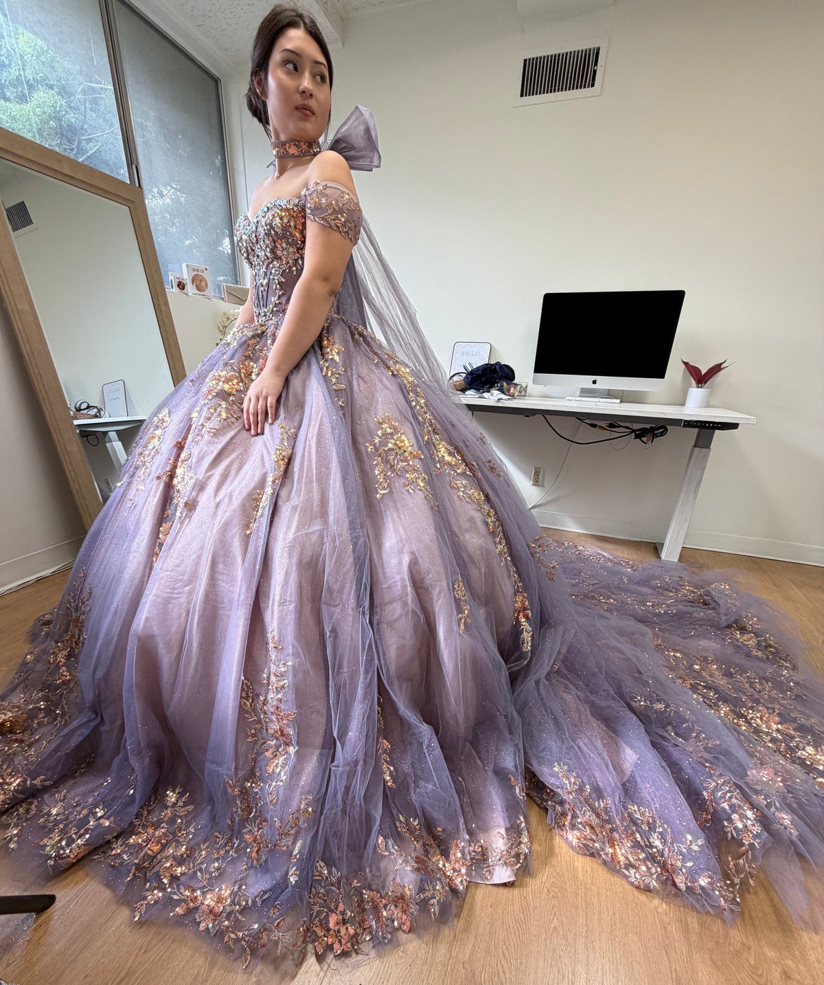 Quinceañera Ball Gown Off Shoulder Glitter Tulle Dress with 3D Floral Appliqués Long Train by Layla K LK292