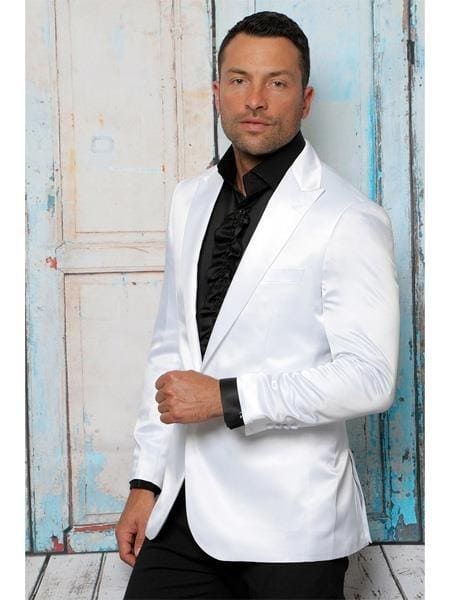 Men's White Shiny Flashy Satin Solid Blazer - AlbertoNardoniStore