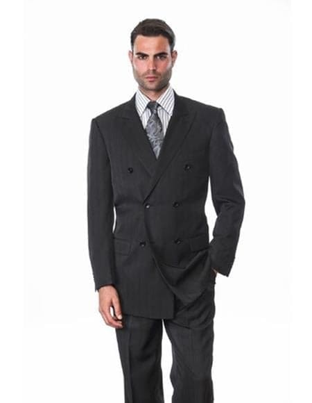 Men's Alberto Nardoni Double Breasted Suits Black Shadow Stripe Ton One Tone Conservative Pinstripe Side Vents Suit