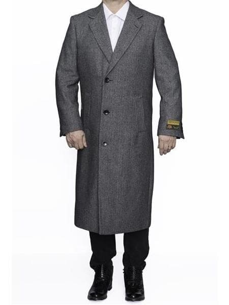 Mens Overcoat -Mens Long Wool Topcoats- Topcoat For Men-Men's Dress Coat Three Button Full Length Herringbone Gray Overcoat ~ Long Men's Dress Topcoat - Winter Coat