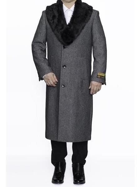 Mens Overcoat -Mens Long Wool Topcoats- Topcoat For Men-Mens Topcoat Mens Dress Coat Removable Fur Collar Full Length Wool Herringbone Grey Top Coat ~ Overcoat