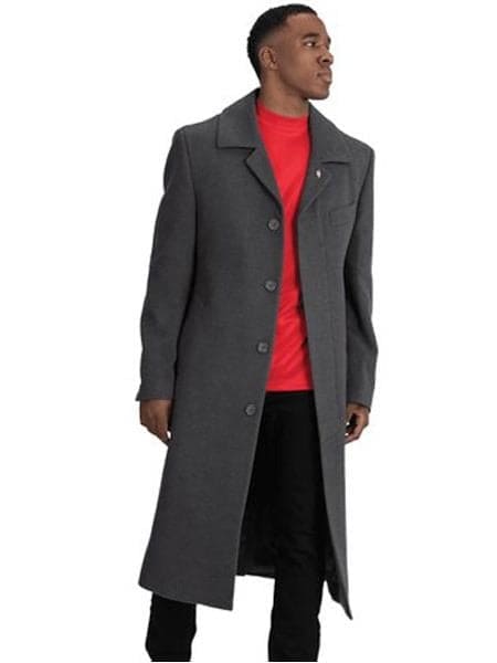 Mens Overcoat -Mens Long Wool Topcoats- Topcoat For Men-Men's Dress Coat Blu Martini Four Button Wool Full Length Charcoal Overcoat