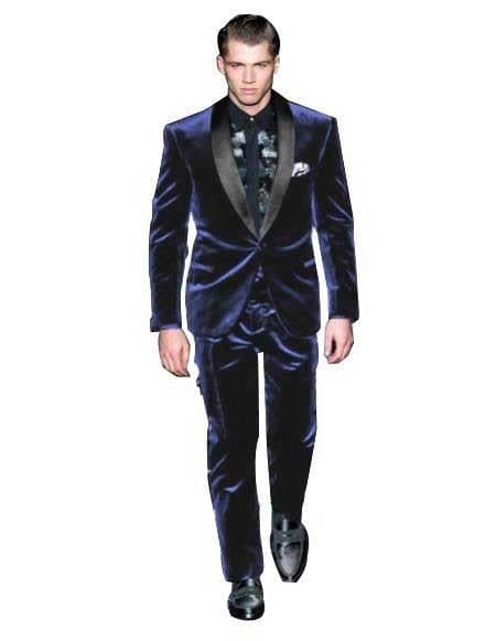 Men’s One Button Navy Blue Velvet Suit