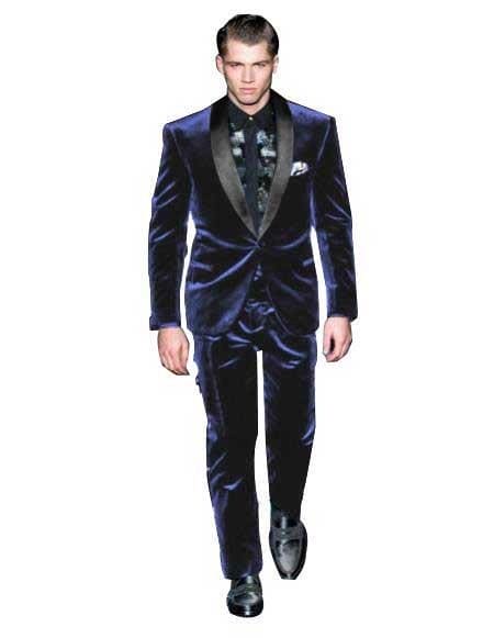 Men's One Button Navy Blue Velvet Tuxedo Suit