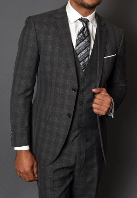 3 Piece Plaid Suit -Charcoal Mens Plaid Suit