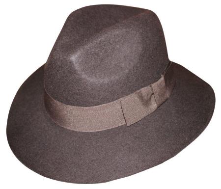 Brown men's 100% wool fedora hat. Features: slightly tapered crown, wide curved brim, and a fabric band around the base. Classic trilby/mobster style.
