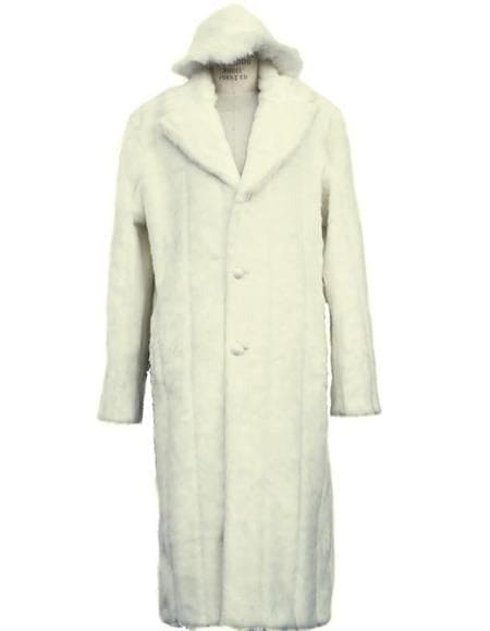 Mens Overcoat -Mens Long Wool Topcoats- Topcoat For Men-Men's Long Length Faux Fur Coat Full Length Overcoat ~ Long Men's Dress Topcoat - Winter Coat + Matching Hat Off White