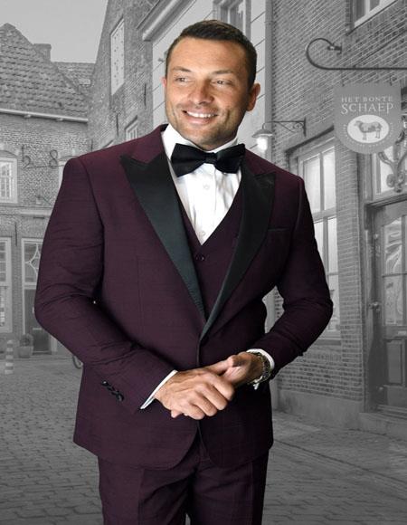 Alberto Men’s Burgundy 1 Button Peak Lapel Tuxedo, Formal Wedding Prom Dinner Suit