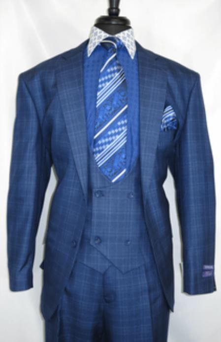 3 Piece Plaid Suit -Blue Mens Plaid Suit