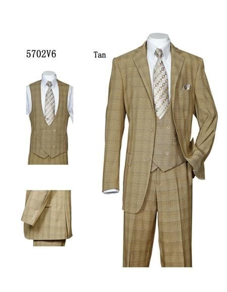 3 Piece Plaid Suit -Tan Mens Plaid Suit