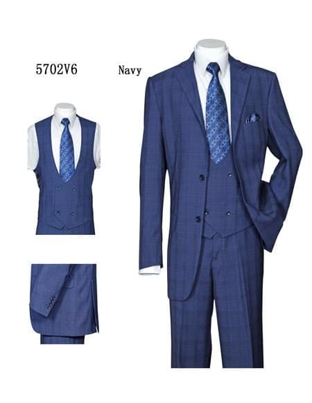 3 Piece Plaid Suit -Navy Mens Plaid Suit