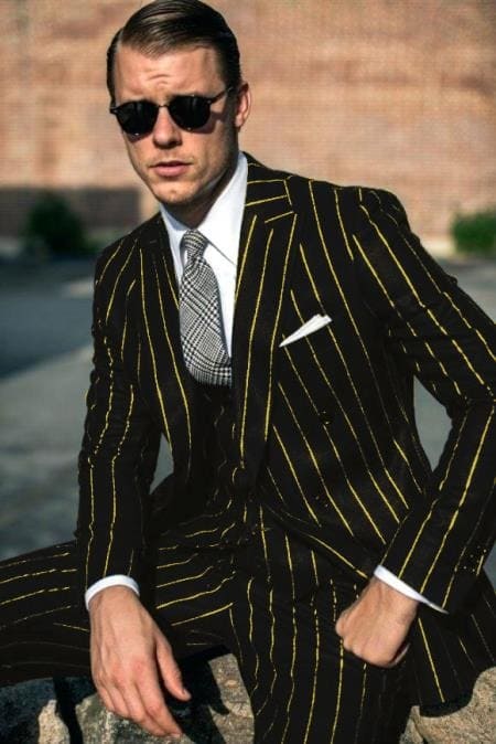 Men's Black And Gold Pinstripe Suit. Available In With Double Breasted Vest