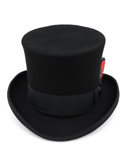 Classic black top hat. Smooth material, rounded crown, upturned brim. Black satin band with a small decorative feather adds a touch of elegance.
