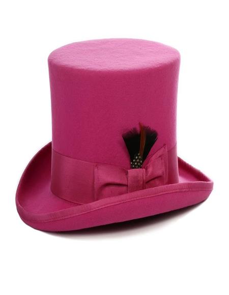 Fuchsia wool top hat. Tall cylindrical crown, wide brim. Satin band and feather accent. Perfect for a tuxedo.
