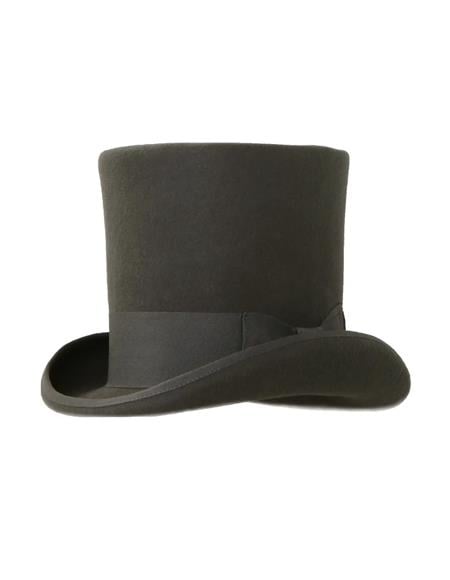 Charcoal premium wool top hat. Tall cylindrical crown, wide curved brim. Soft wool construction in solid charcoal. Matching satin band at the base.
