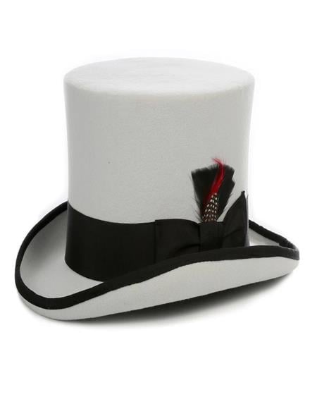 Elegant wool tuxedo top hat in grey. Rounded crown, black satin ribbon, curved brim with feather detail. A timeless, sophisticated accessory.
