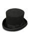 Classic men's black top hat. Cylindrical shape with flat crown and upturned brim. Smooth material, adorned with a black satin ribbon band. Designer brand.
