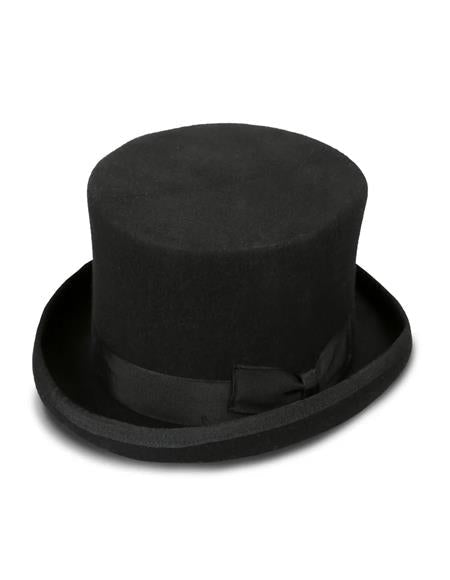 Classic men's black top hat. Cylindrical shape with flat crown and upturned brim. Smooth material, adorned with a black satin ribbon band. Designer brand.
