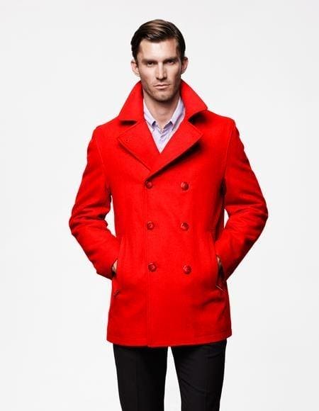 Mens Peacoat Peacoat For Men Red Front Slash Pockets Wool Fabric Big And Tall Peacoat - AlbertoNardoniStore