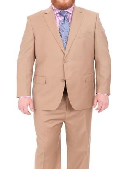 Men's Portly Executive Fit Solid Tan Light Brown Two Button 2 Piece Suit Executive Fit Suit - Mens Portly Suit