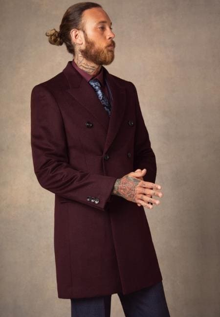 Mens Peacoat Peacoat Men's Burgundy ~ Wine Double Breasted Peak Lapel Men's Carcoat - Car Coat Mid Length Three Quarter Length Coat - AlbertoNardoniStore