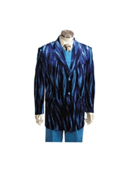 Men's Entertainer Blue Velvet Sparkly Cool Zebra Print Suit W Vest Bold Gangester Velour Men's Blazer Jacket