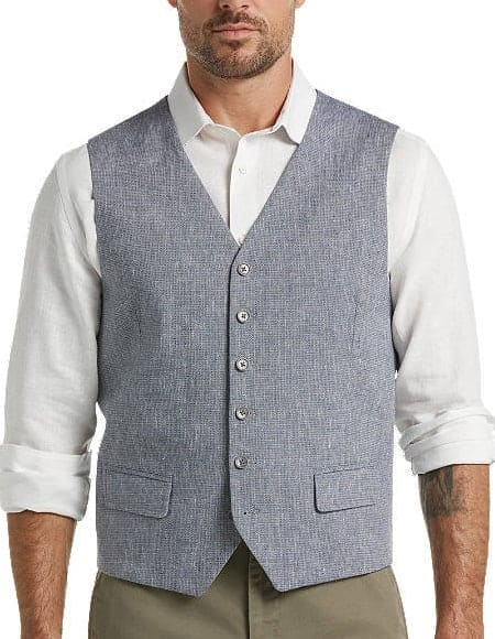 Five Button Flap Pocket Men's Blue Linen Suit Separates Vest