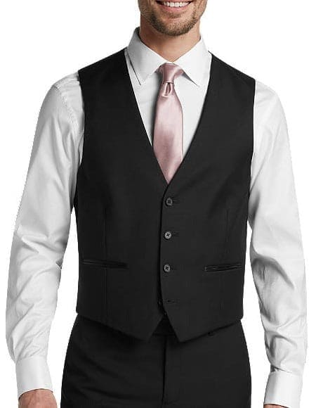 Four Button Besom Pocket Men's Black Slim Fit Suit Separates Tuxedo Vest