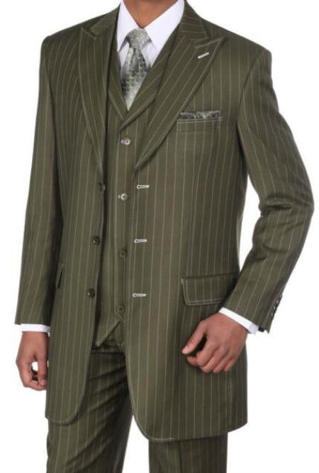 Men’s Big and Tall Olive Pinstripe 3 Piece Suit, Plus Size Long Jacket Formal Wedding Business Suit