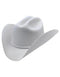 White felt cowboy hat. High crown with two dents, wide brim. Smooth surface, simple band around crown base. Classic Western style.
