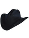 Classic black beaver felt cowboy hat. Tall rounded crown, wide curved brim. Seamless design, crafted from felted beaver fur. Simple, smooth surface.
