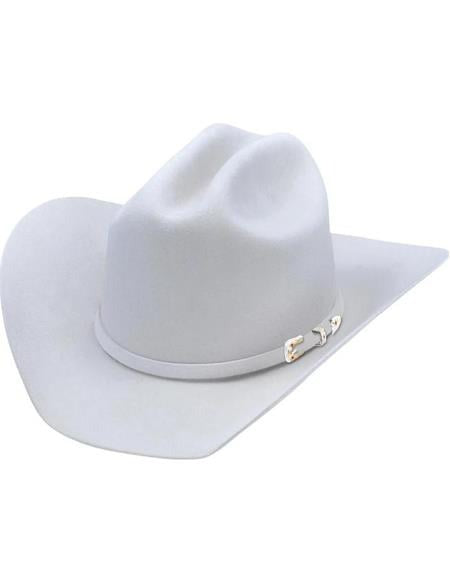 Classic gray wool cowboy hat. Wide brim, tall tapered crown, and a thin band with metallic accents around the base.

