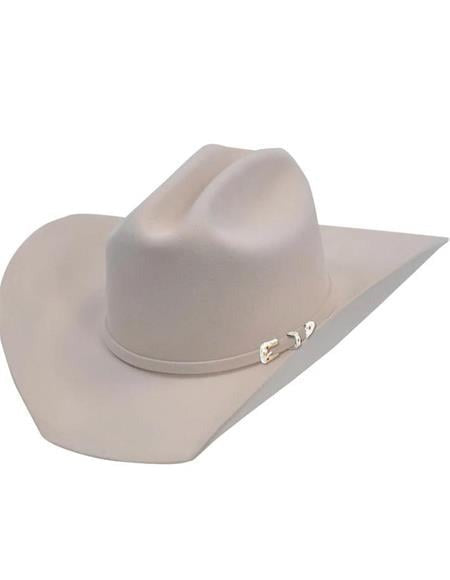 Beige beaver felt cowboy hat with wide, pointed brim and high crown. Features decorative band with metal accents.
