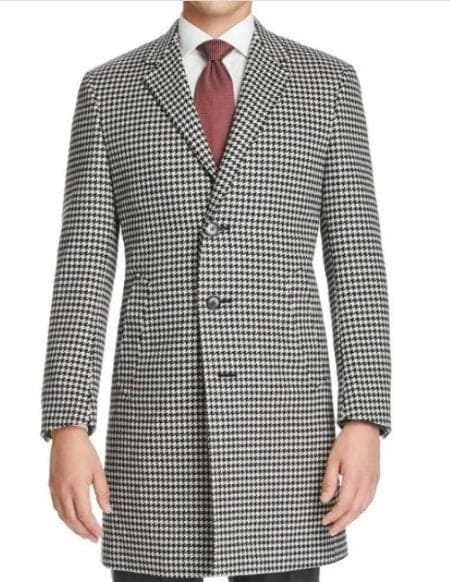 Mens Topcoat Mens Black White Houndstooth Coat Wool