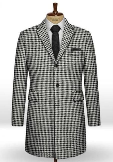 Mens Topcoat Big Houndstooth BW Tweed Overcoat