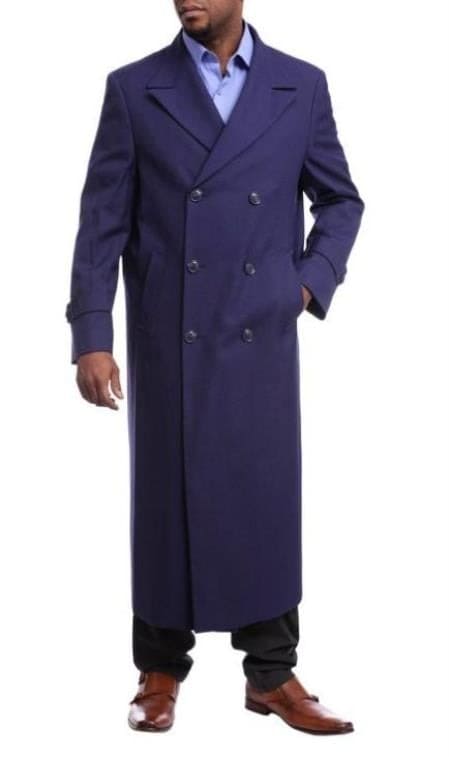 Mens Overcoat -Mens Long Wool Topcoats- Topcoat For Men-Men's Full Length Overcoat Navy Blue Wool Double Breasted Overcoat