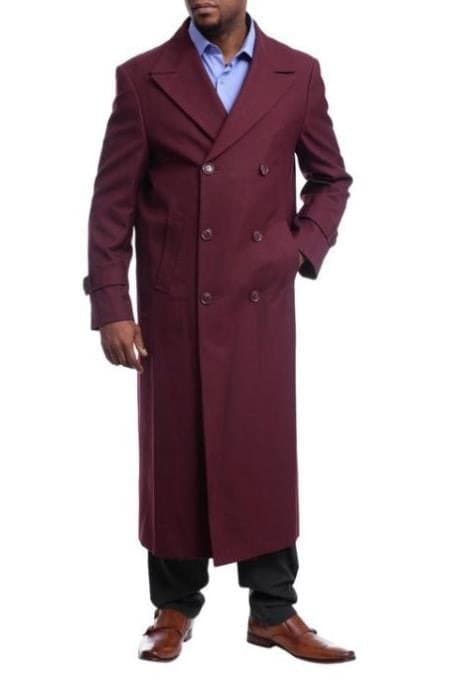 Mens Overcoat -Mens Long Wool Topcoats- Topcoat For Men-Men's Full Length Overcoat Burgundy Red Wool Gabardine Double Breasted Trench Coat