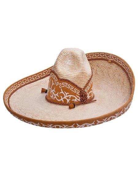 Beige straw sombrero charro with wide brim and tapered crown. Features a decorative brown band with white floral and geometric designs.
